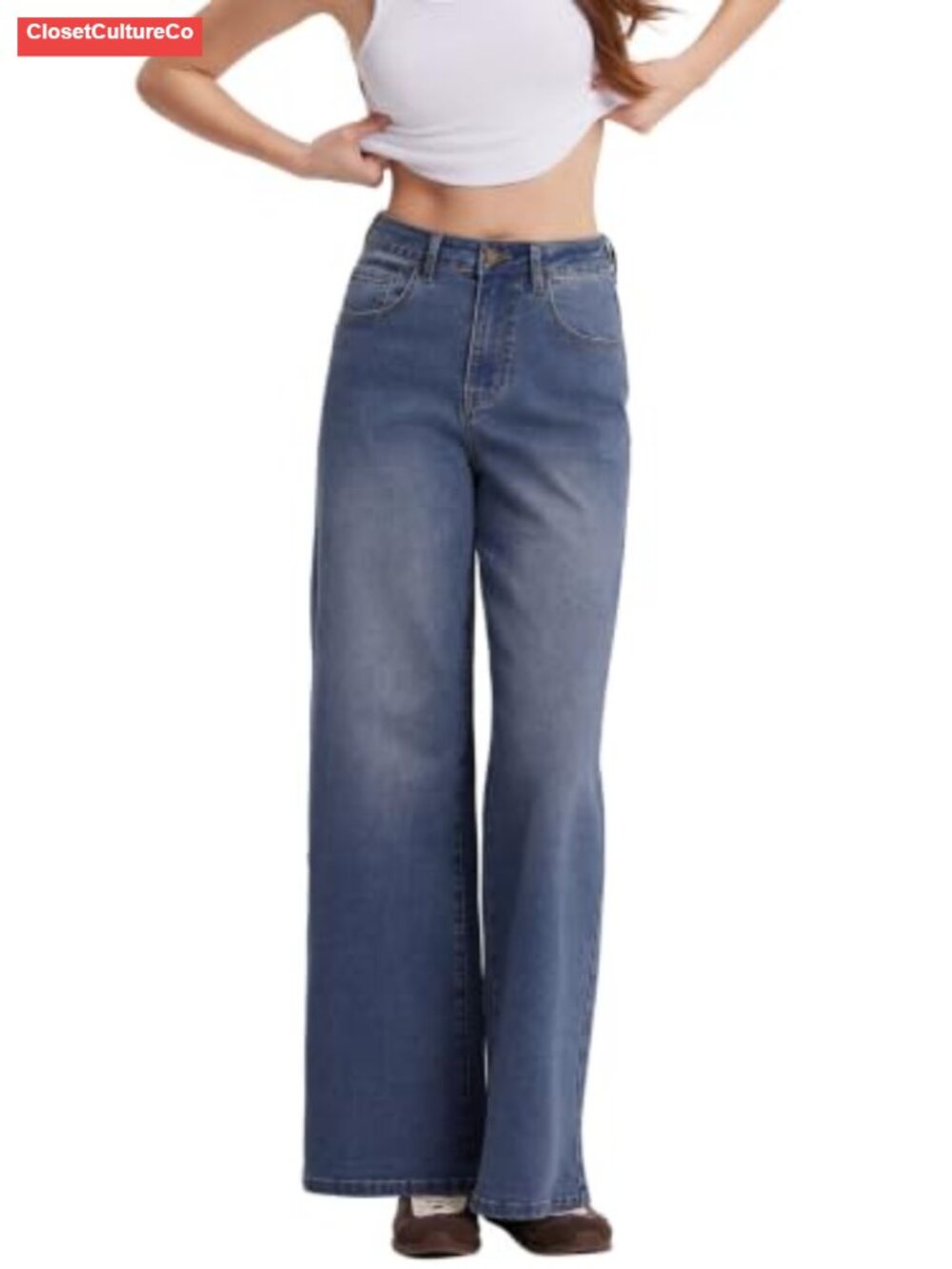 High Waisted Wide Leg Stretchy Baggy Denim Jeans Loose Fit Cropped Pants